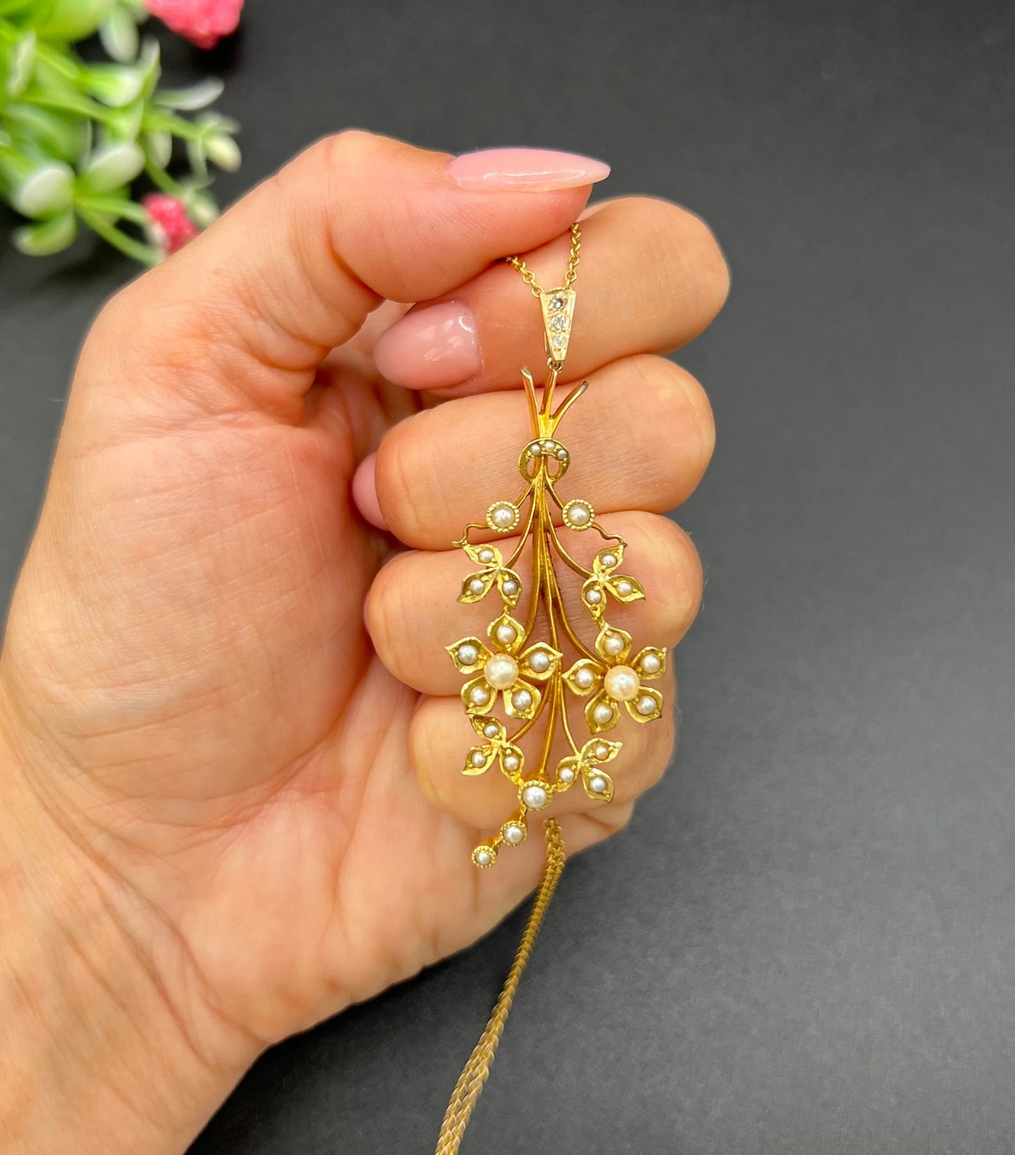 Antique 15 Carat Yellow Gold Pearl and Diamond Flower Spray Bouquet Pendant, Circa 1900