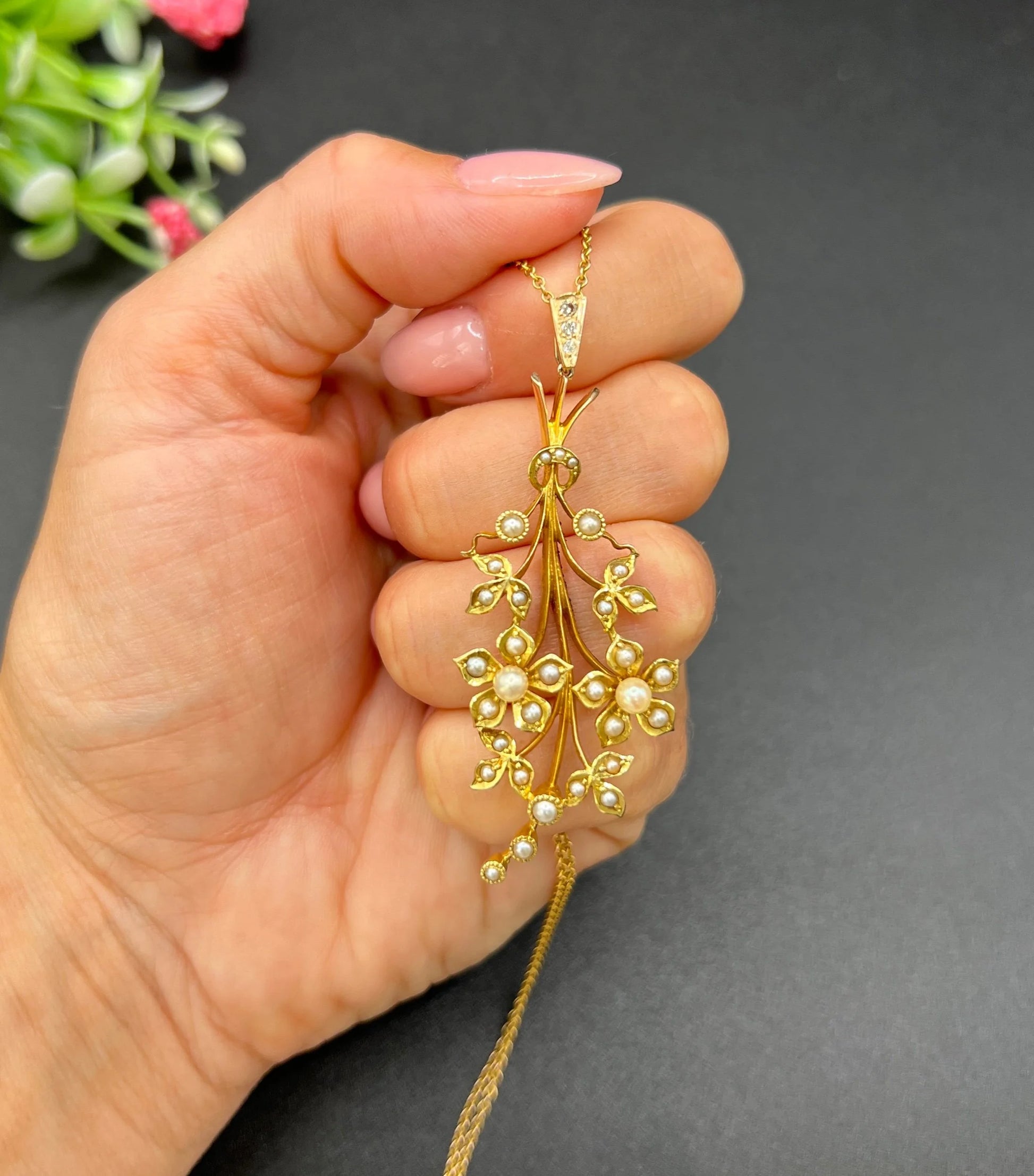 Antique 15 Carat Yellow Gold Pearl and Diamond Flower Spray Bouquet Pendant, Circa 1900