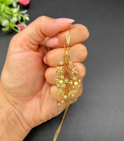Antique 15 Carat Yellow Gold Pearl and Diamond Flower Spray Bouquet Pendant, Circa 1900