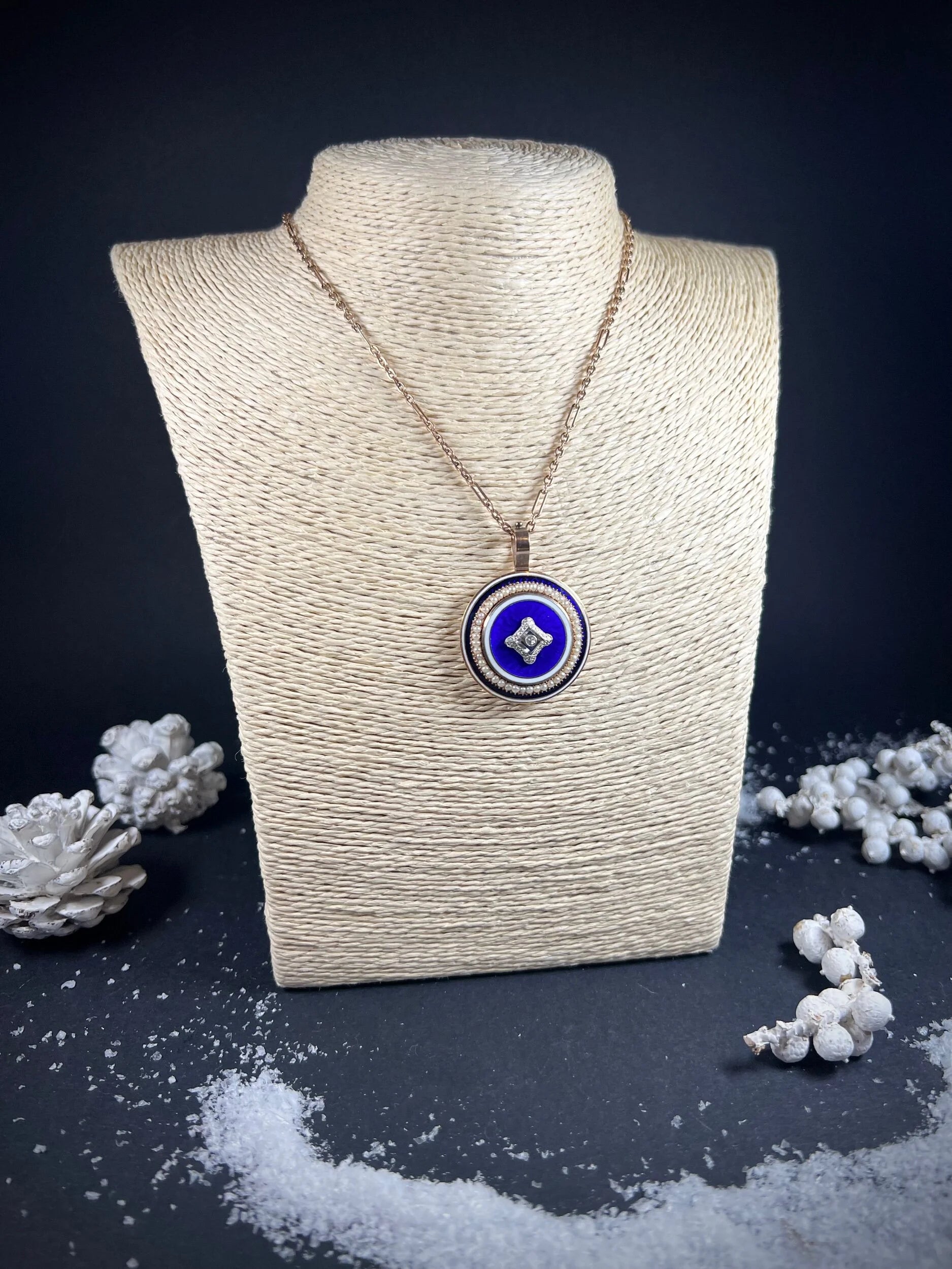 Antique 15 Carat Gold Guilloche Enamel, Diamond, Pearl and Rock Crystal Locket Pendant