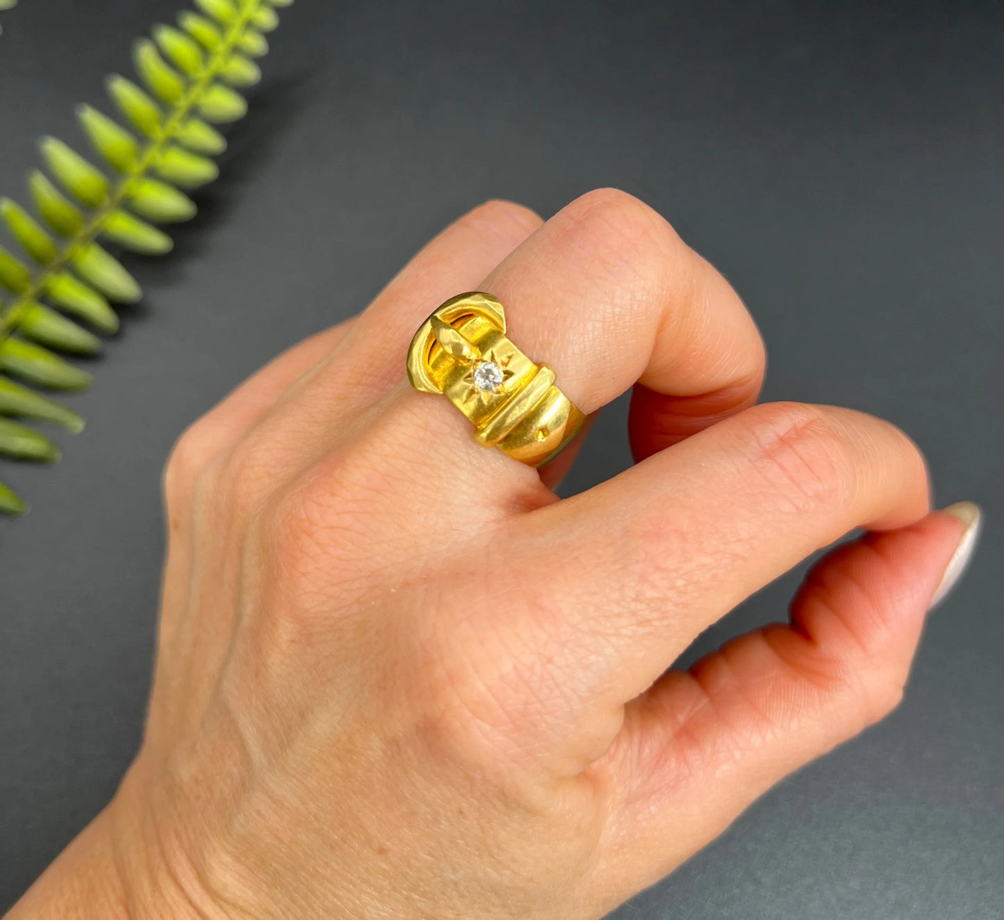 Antique 18 Carat Yellow Gold Star Set Diamond Buckle Ring, Hallmarked London 1915