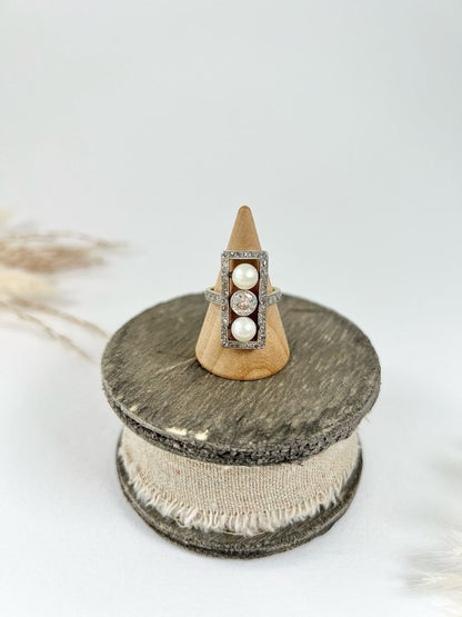 Edwardian Antique Pearl and Old Cut Diamond Trilogy Plaque Tablet Ring