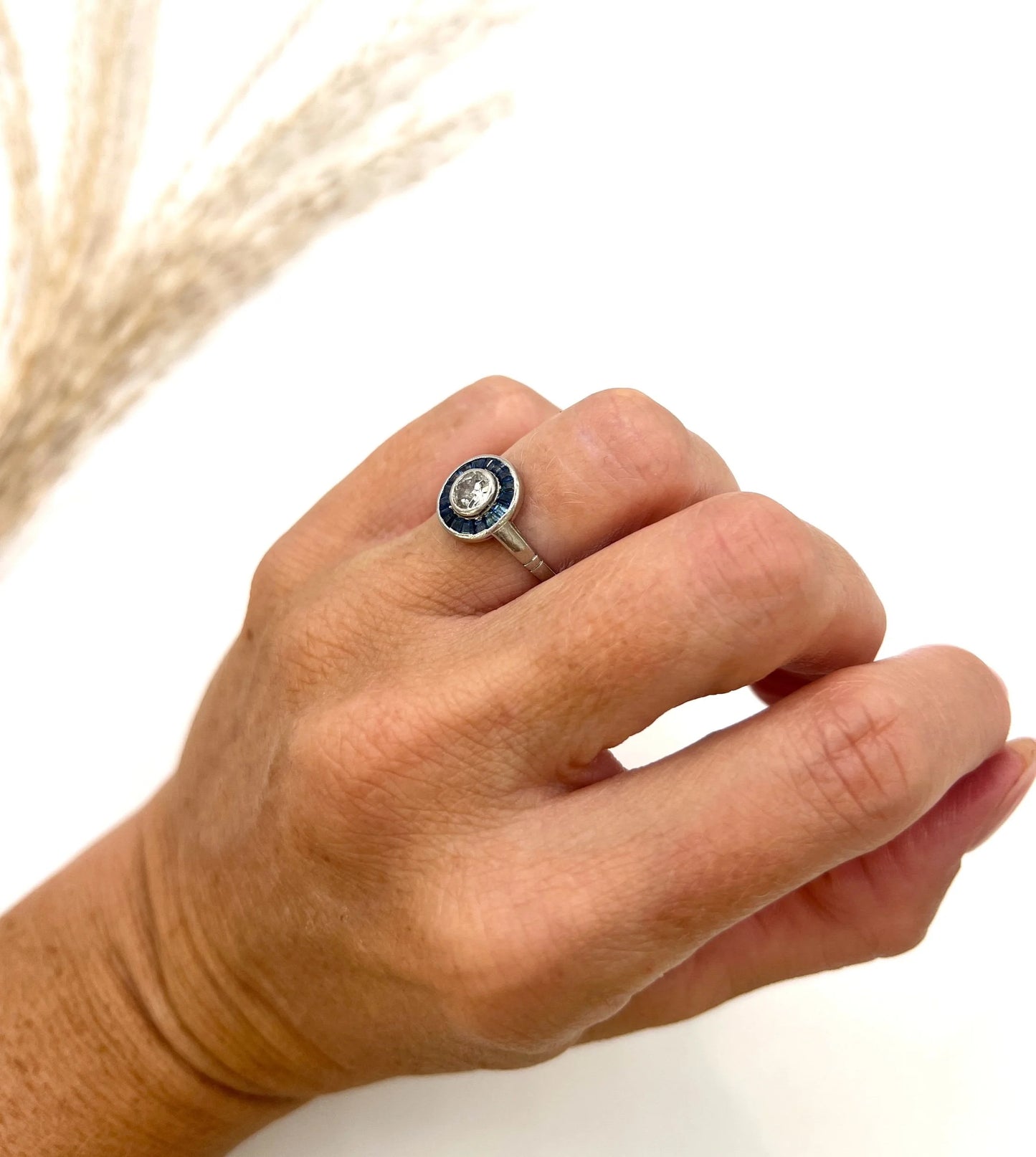 Antique Vintage Art Deco 0.35ct Old Cut Diamond and Sapphire Target Cluster Engagement Ring