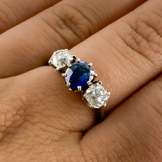Late Victorian Antique Natural No Heat Ceylon Sapphire and Diamond Three Stone Engagement Ring