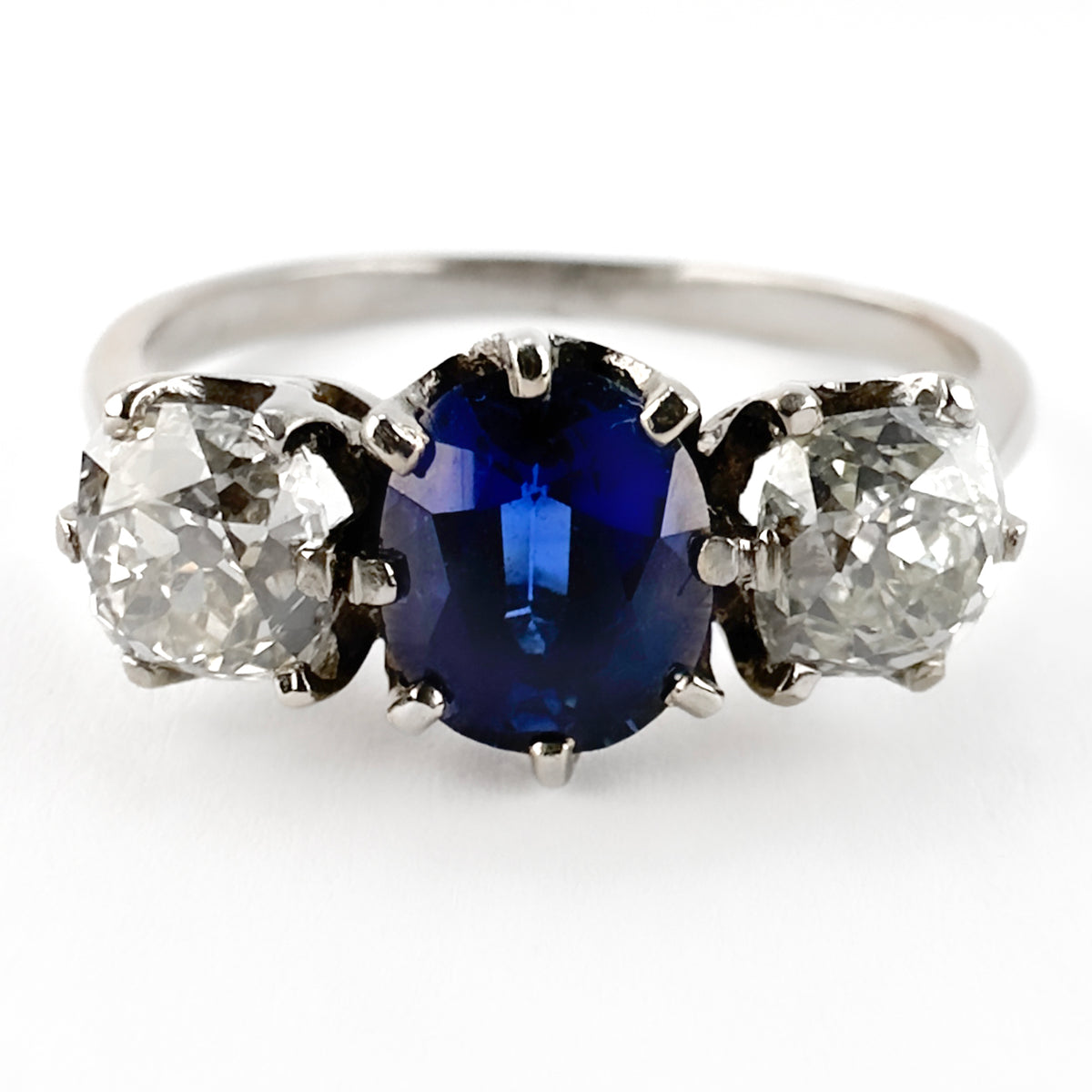 Late Victorian Antique Natural No Heat Ceylon Sapphire and Diamond Three Stone Engagement Ring