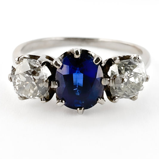 Late Victorian Antique Natural No Heat Ceylon Sapphire and Diamond Three Stone Engagement Ring