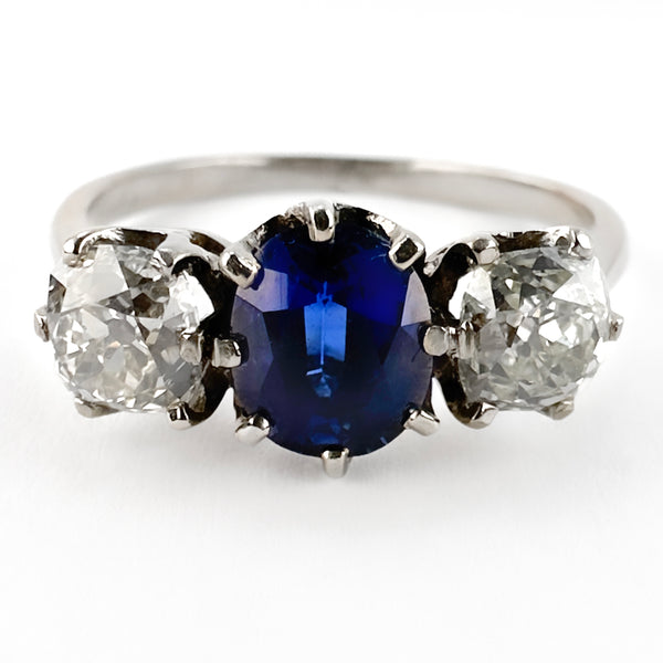 Late Victorian Antique Natural No Heat Ceylon Sapphire and Diamond Three Stone Engagement Ring