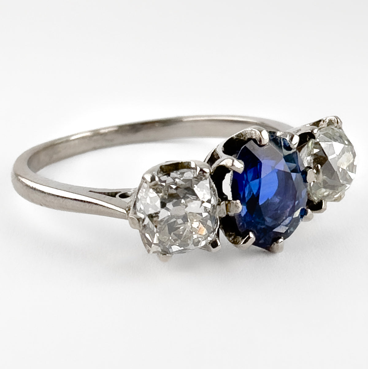 Late Victorian Antique Natural No Heat Ceylon Sapphire and Diamond Three Stone Engagement Ring