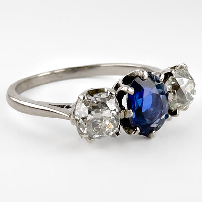 Late Victorian Antique Natural No Heat Ceylon Sapphire and Diamond Three Stone Engagement Ring