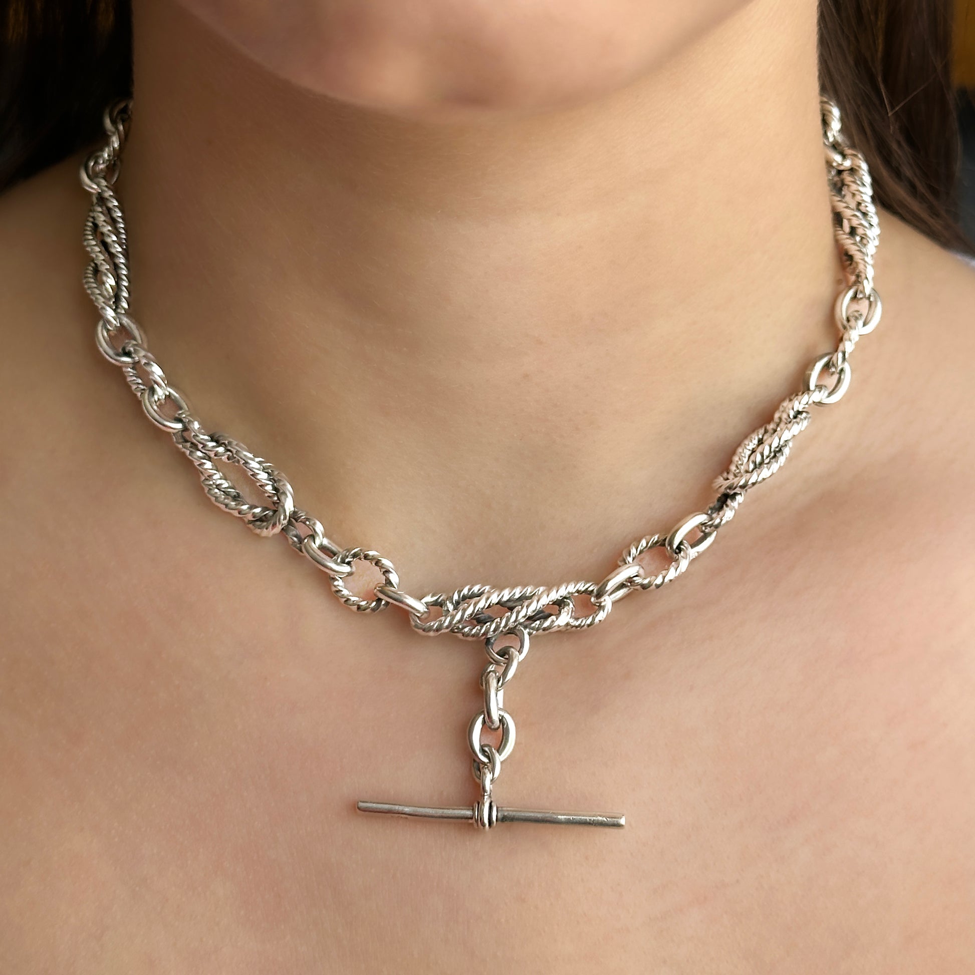 Edwardian Antique Silver Rope Knot Fancy Link Albert Chain Necklace