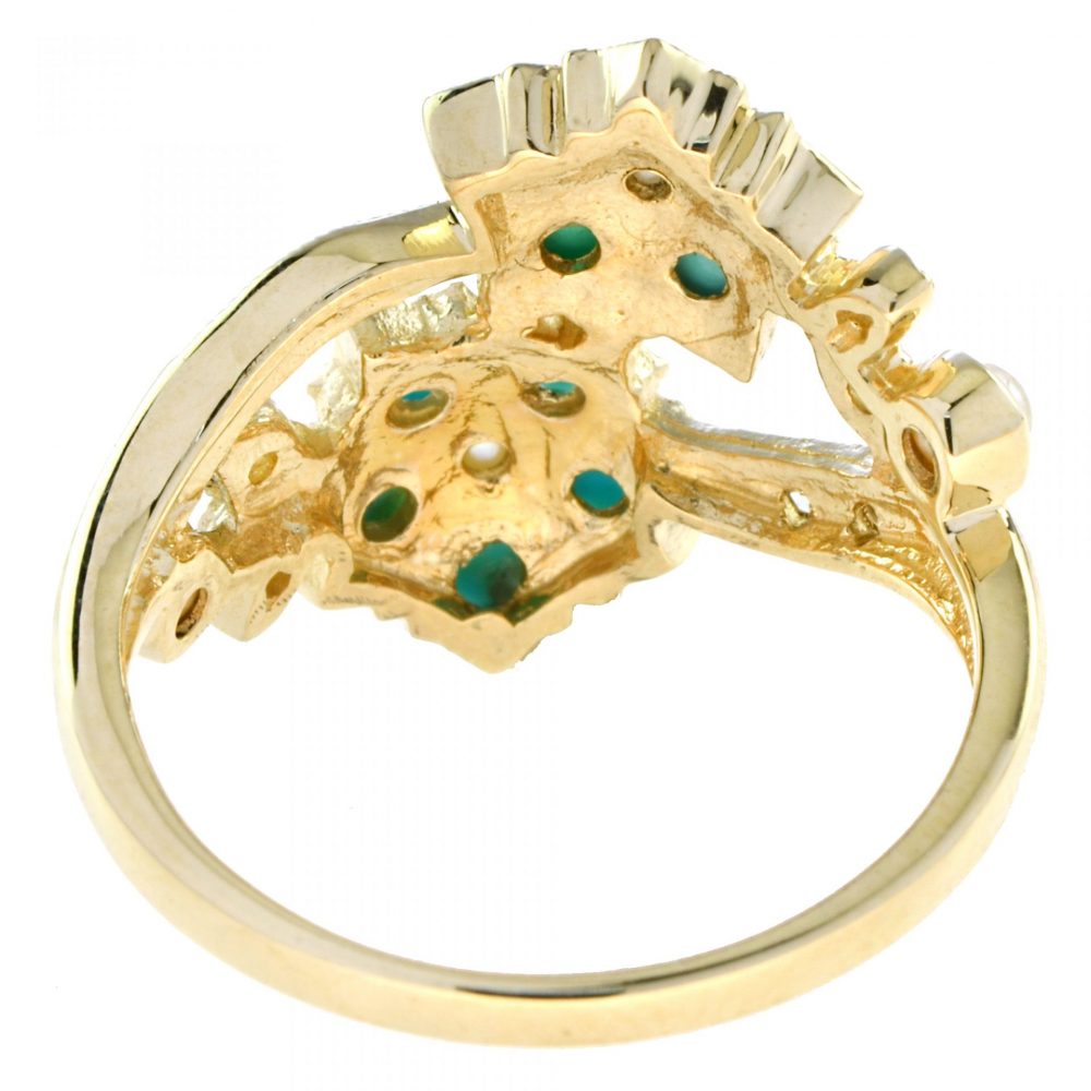 Vintage Turquoise and Pearl Floral Cluster Crossover Ring
