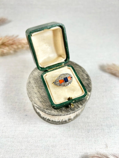 Antique 1920's Art Deco, 18 ct Gold And Platinum Sapphire, Coral And Diamond Dome Ring