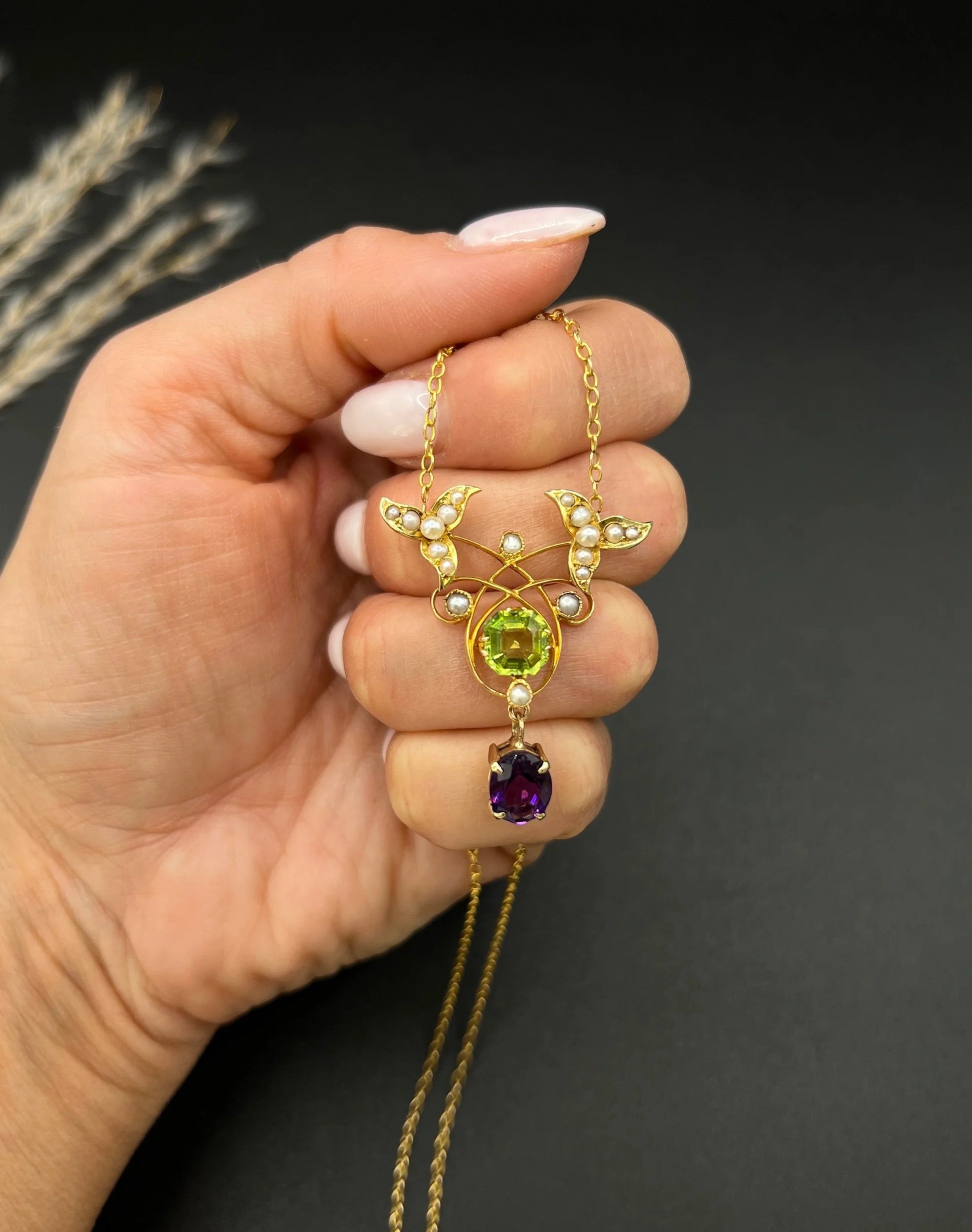 Antique 9 ct Gold Edwardian Suffragette Pendant Necklace With Amethyst, Peridot And Seed Pearls