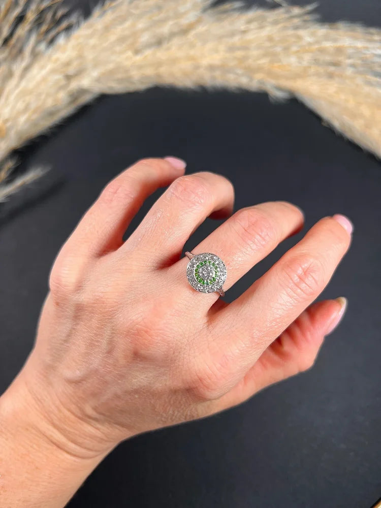 Edwardian Antique Demantoid Garnet and Diamond Target Cluster Ring