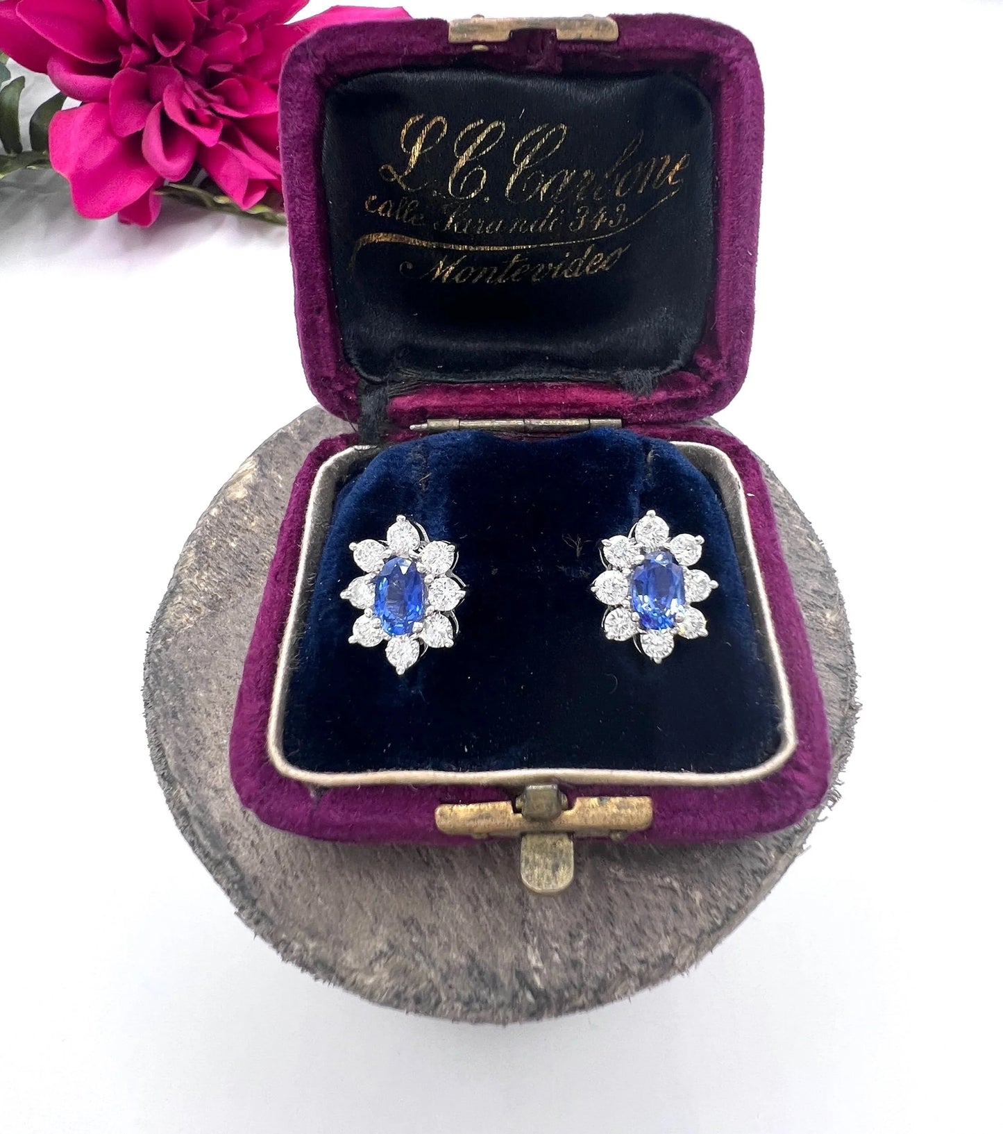 Vintage 18 ct White Gold, 1980's Natural Sapphire And Diamond Oval Cluster Earrings