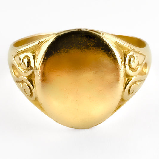 Edwardian Antique 18ct Yellow Gold Signet Ring with Scroll Shoulders, Circa 1908