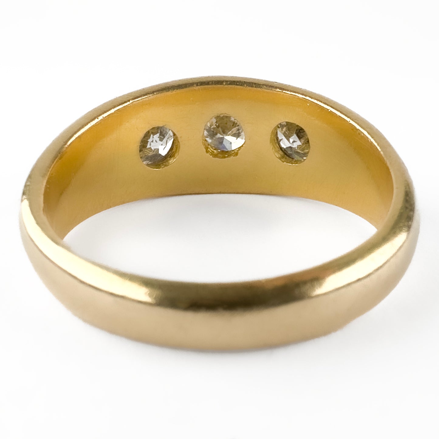 Edwardian Antique 1.25ct Old Transitional Cut Diamond Three Stone Trilogy Gypsy Ring in 18ct Yellow Gold