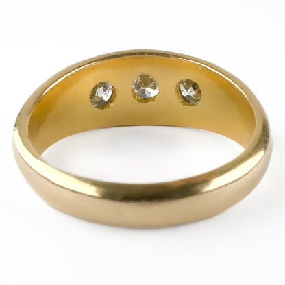 Edwardian Antique 1.25ct Old Transitional Cut Diamond Three Stone Trilogy Gypsy Ring in 18ct Yellow Gold