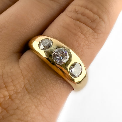 Edwardian Antique 1.25ct Old Transitional Cut Diamond Three Stone Trilogy Gypsy Ring in 18ct Yellow Gold