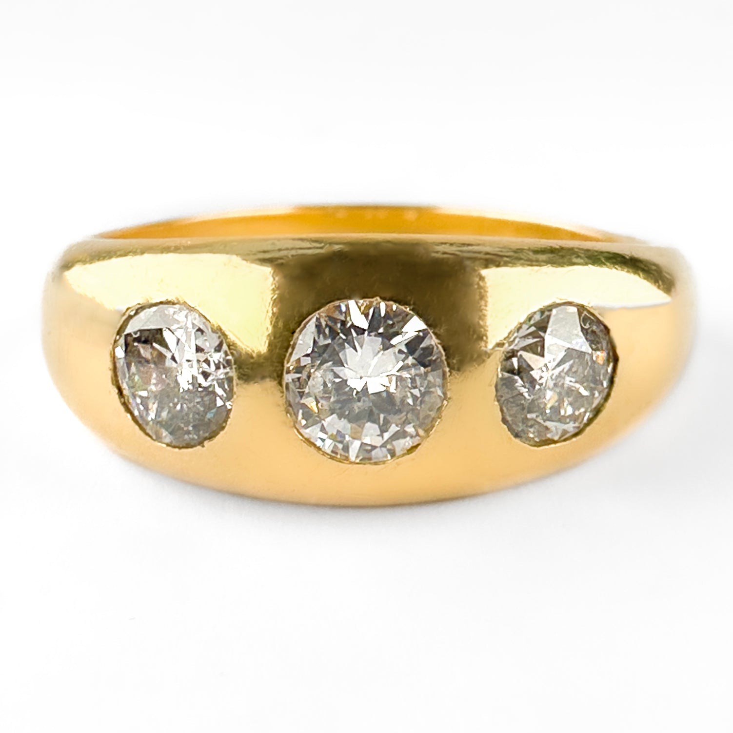 Edwardian Antique 1.25ct Old Transitional Cut Diamond Three Stone Trilogy Gypsy Ring in 18ct Yellow Gold
