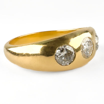 Edwardian Antique 1.25ct Old Transitional Cut Diamond Three Stone Trilogy Gypsy Ring in 18ct Yellow Gold