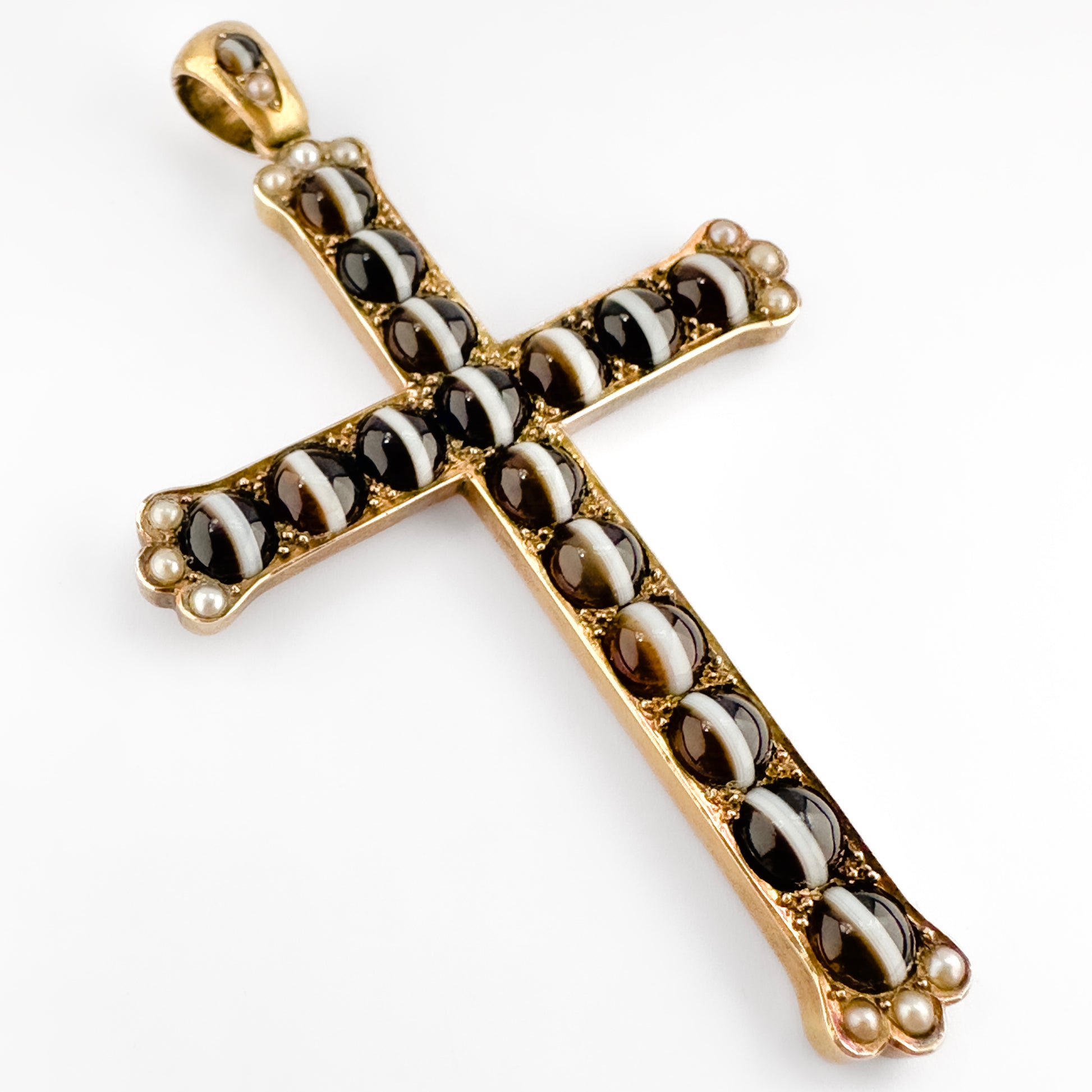 Victorian Antique Banded Agate and Pearl Cross Pendant