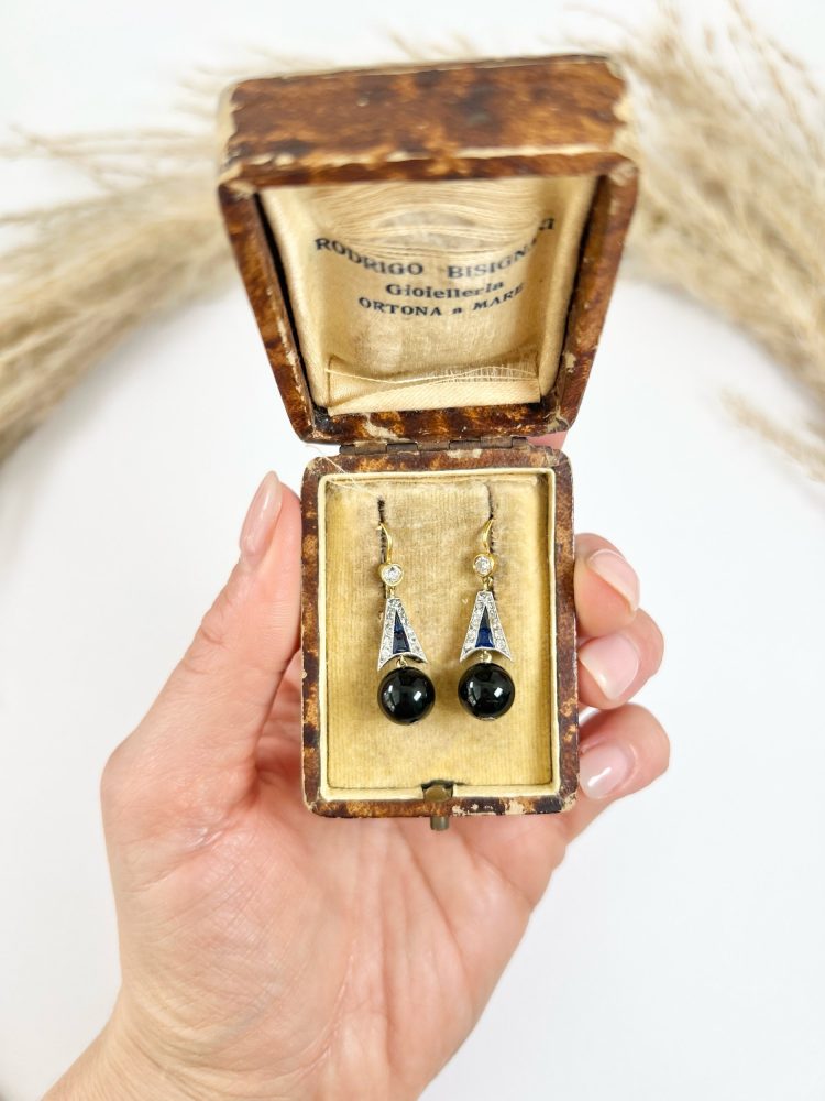 Antique 18ct Gold & Platinum, Edwardian Diamond, Sapphire, Onyx Drop Dangle Earrings