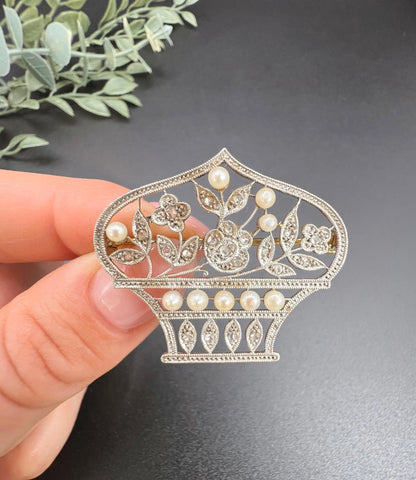 Belle Epoque 18 Carat Gold, Platinum, Diamond and Pearl Flower Basket Brooch/Pendant