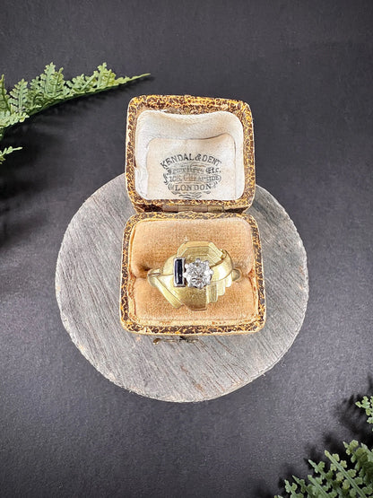 Art Deco 18 Carat Yellow Gold Sapphire and Diamond Geometric Ring, Circa 1920
