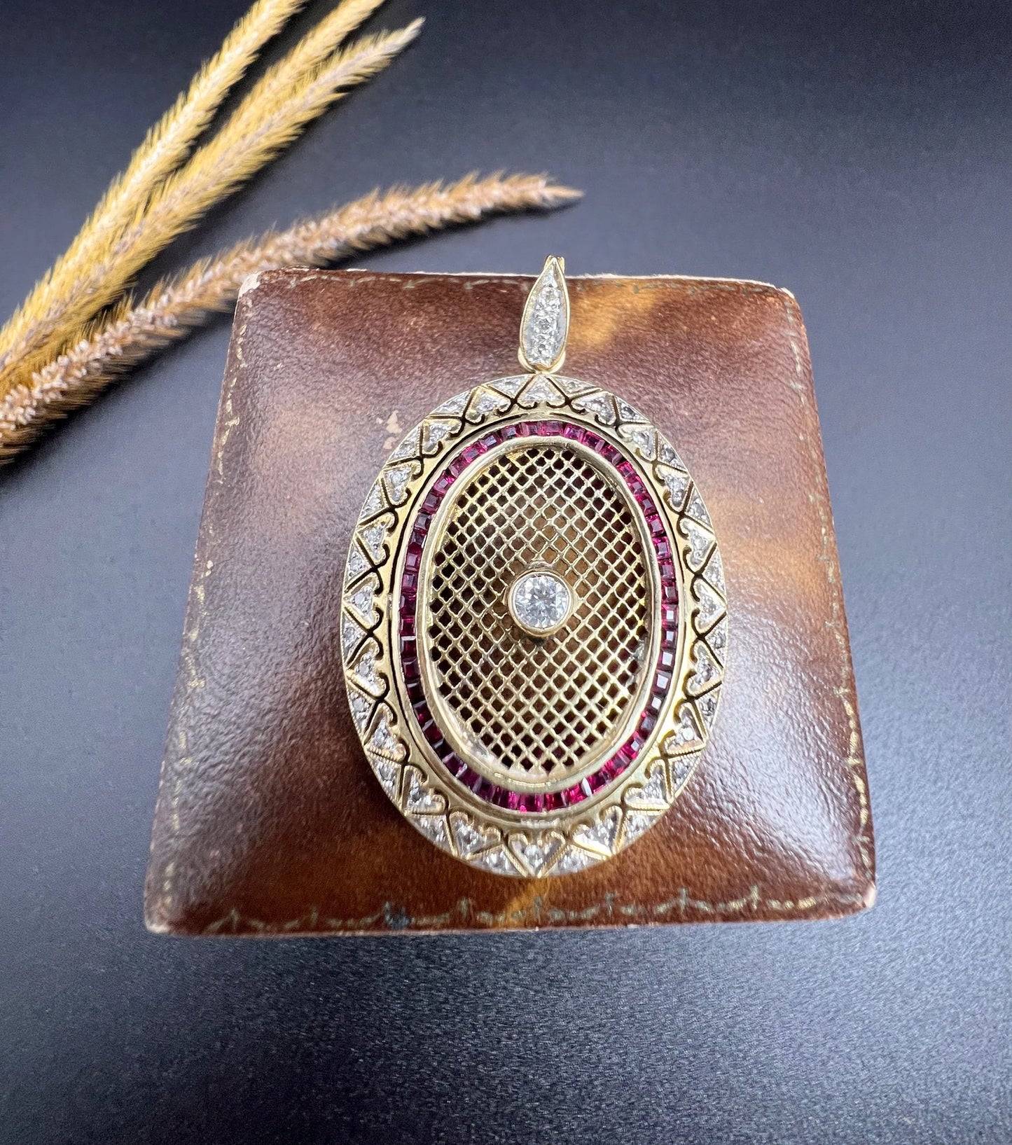Vintage 18 Carat Gold Stamped Ruby And Diamond Oval Pendant