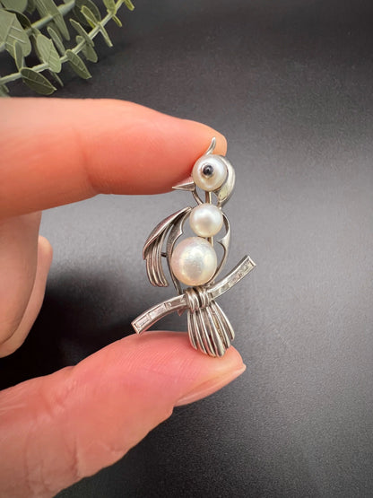 Antique Platinum, 1920s Bird Brooch, Pearls and Natural Diamonds