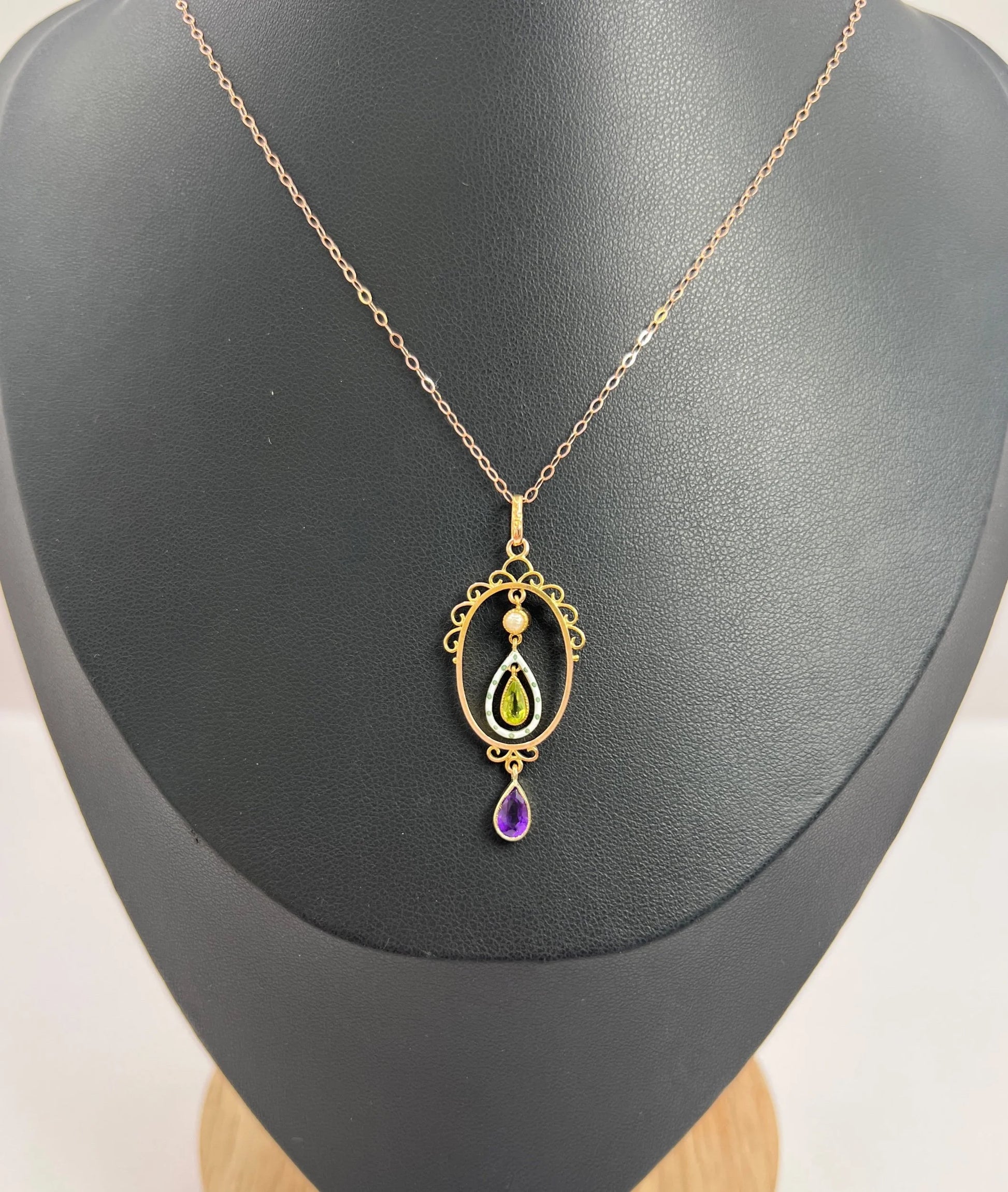 Antique 9 ct Gold, Edwardian Amethyst, Peridot, Seed Pearl And Enamel, Teardrop Suffragette Pendant Necklace