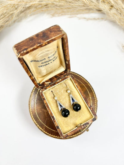 Antique 18ct Gold & Platinum, Edwardian Diamond, Sapphire, Onyx Drop Dangle Earrings