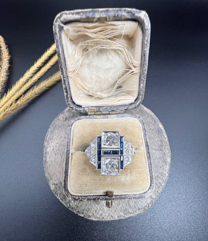 Art Deco Style Sapphire and Diamond Geometric Plaque Ring