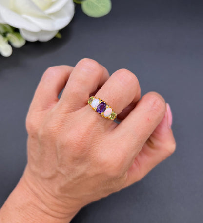 Antique 18 ct Gold, Amethyst, Opal And Peridot Suffragette Ring