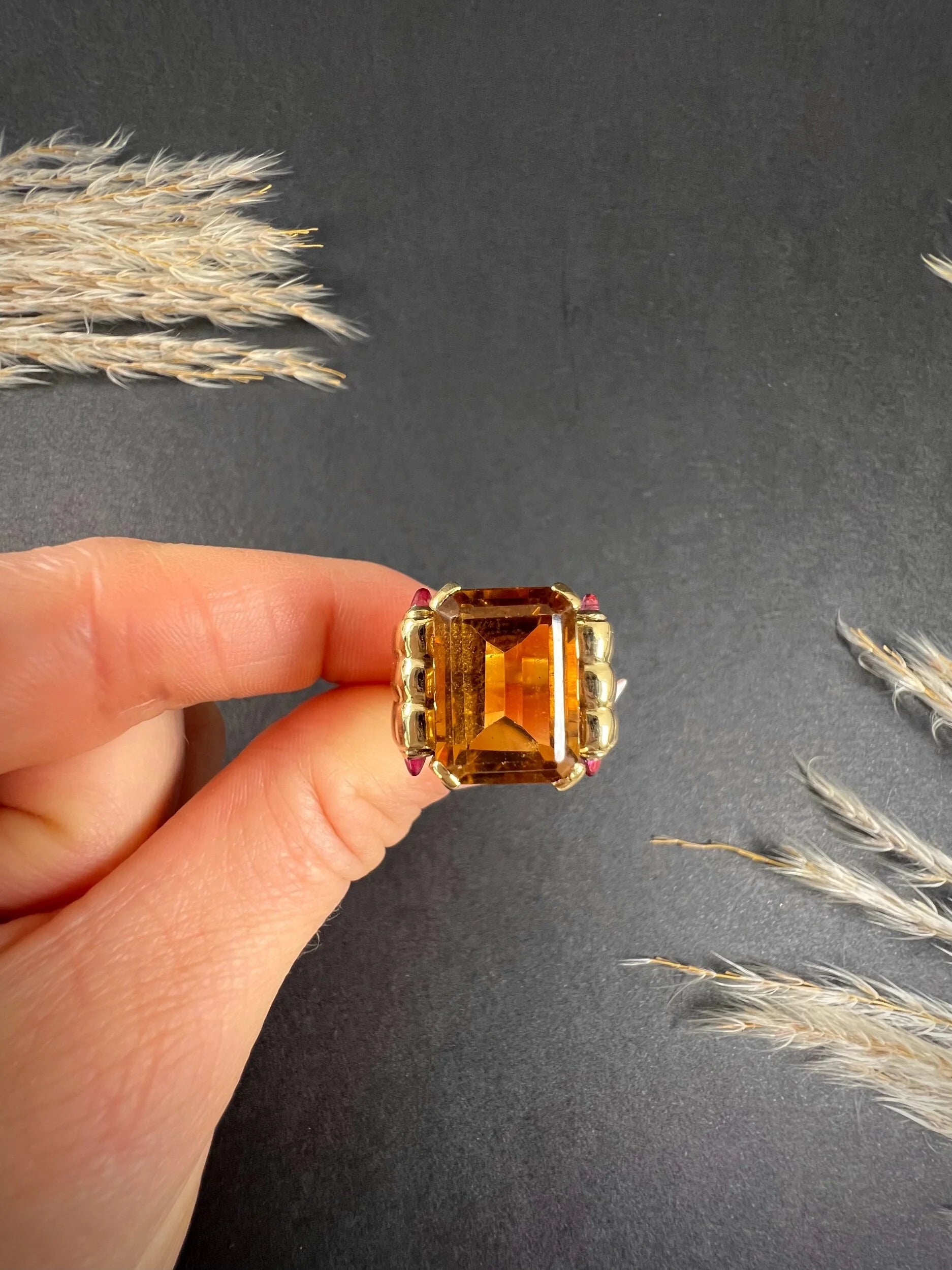 Vintage 18 Carat Yellow Gold Citrine and Cabochon Ruby Cocktail Ring, Circa 1940