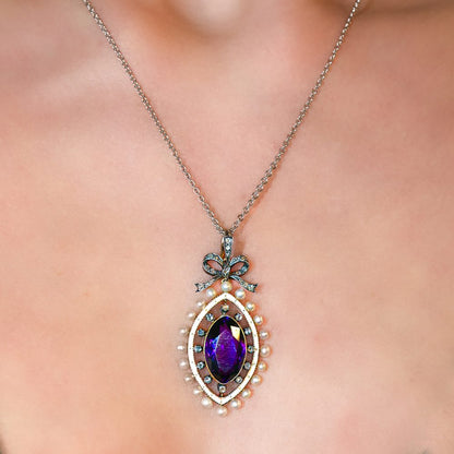 Edwardian Antique Marquise Amethyst Pearl and Diamond Pendant