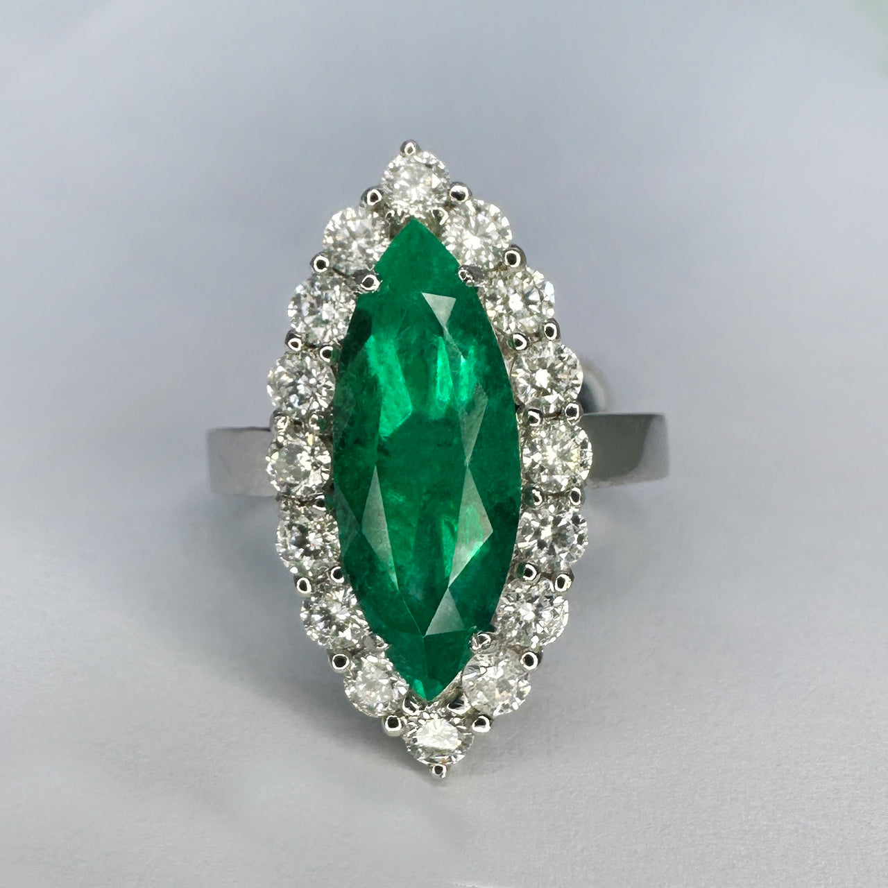 Vintage 5ct Marquise Emerald and Diamond Navette Cluster Ring in Platinum