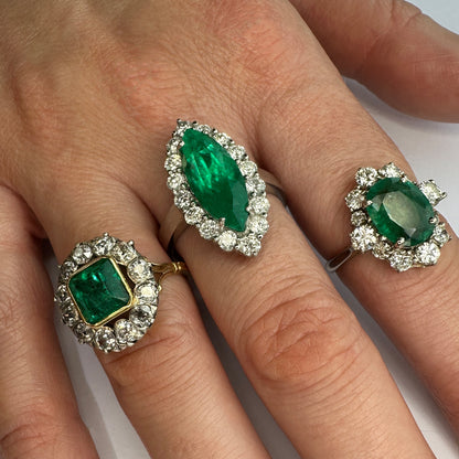 Vintage 5ct Marquise Emerald and Diamond Navette Cluster Ring in Platinum