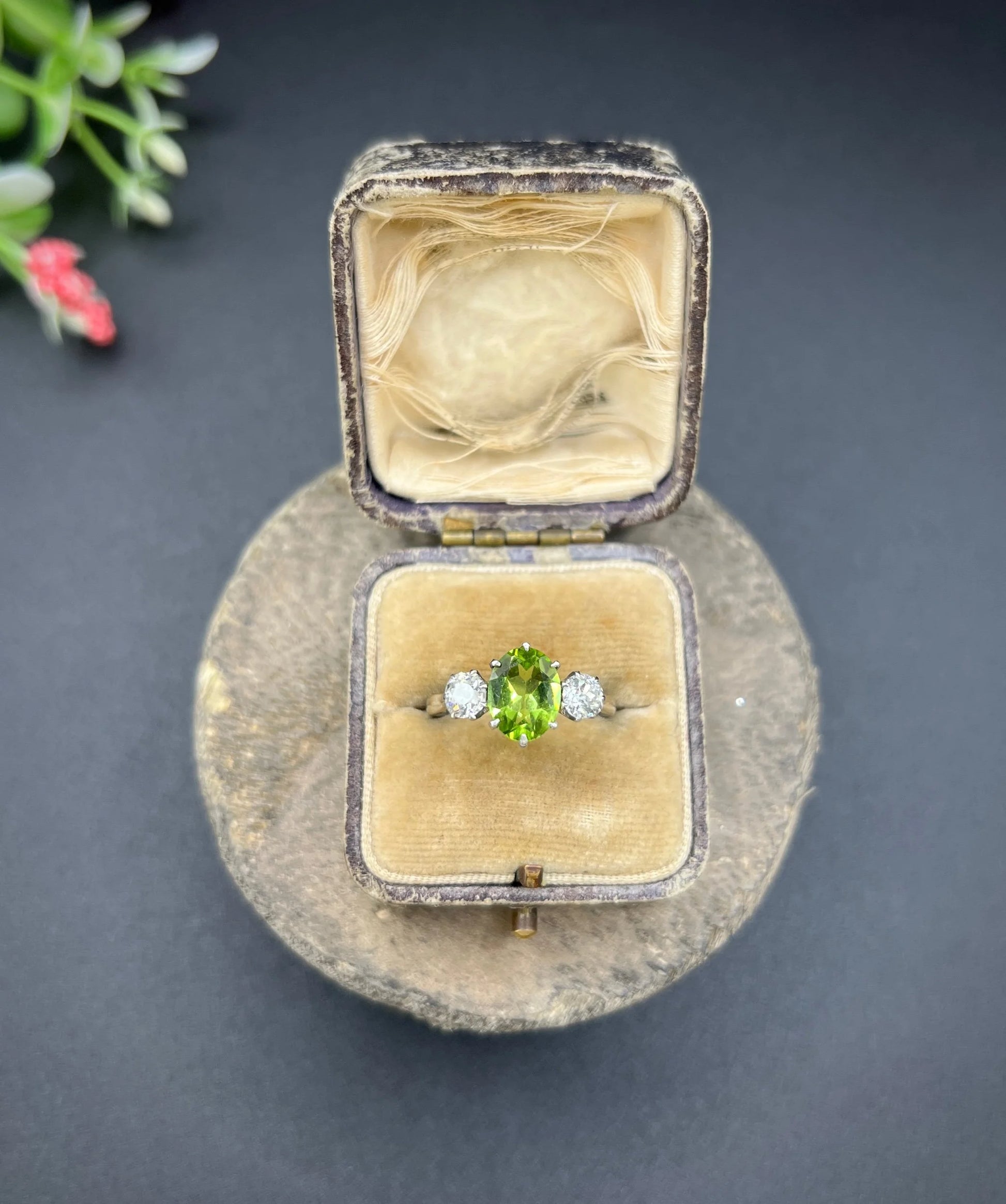 Antique Art Deco Peridot and Diamond Three Stone Ring, 1920s