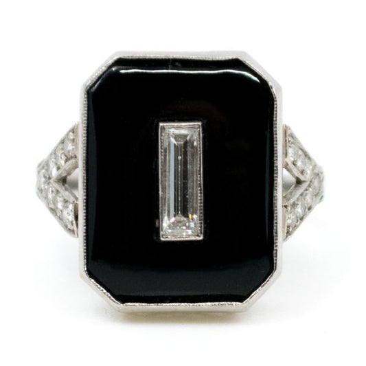 Antique Art Deco Onyx and Baguette Cut Diamond Ring