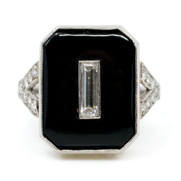 Antique Art Deco Onyx and Baguette Cut Diamond Ring
