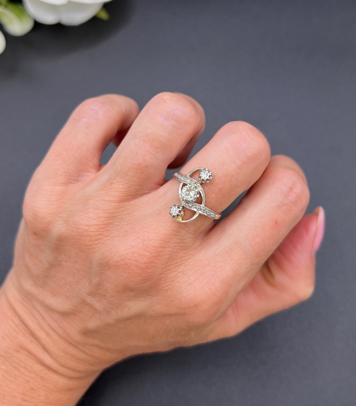Antique 18 ct Gold And Platinum, 3 Stone Diamond Belle Époque Ring