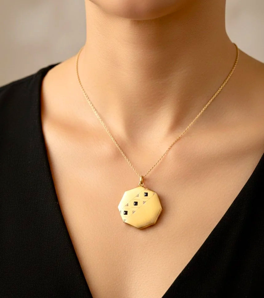 Vintage 15 Carat Yellow Gold Octagonal Shaped Sapphire and Diamond Locket, Circa 1930