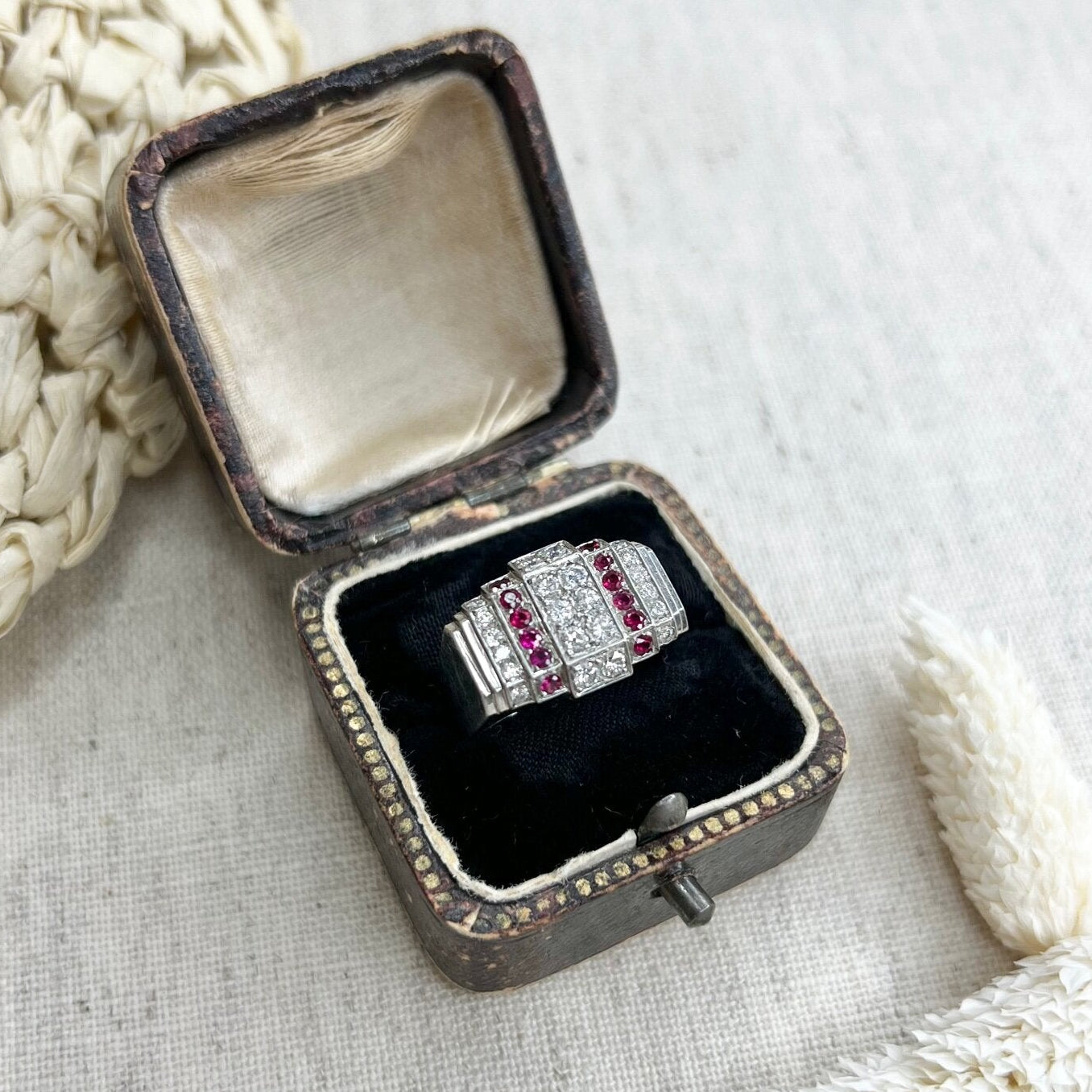 Art Deco Ruby and Diamond Plaque Cluster Tank Ring in Platinum