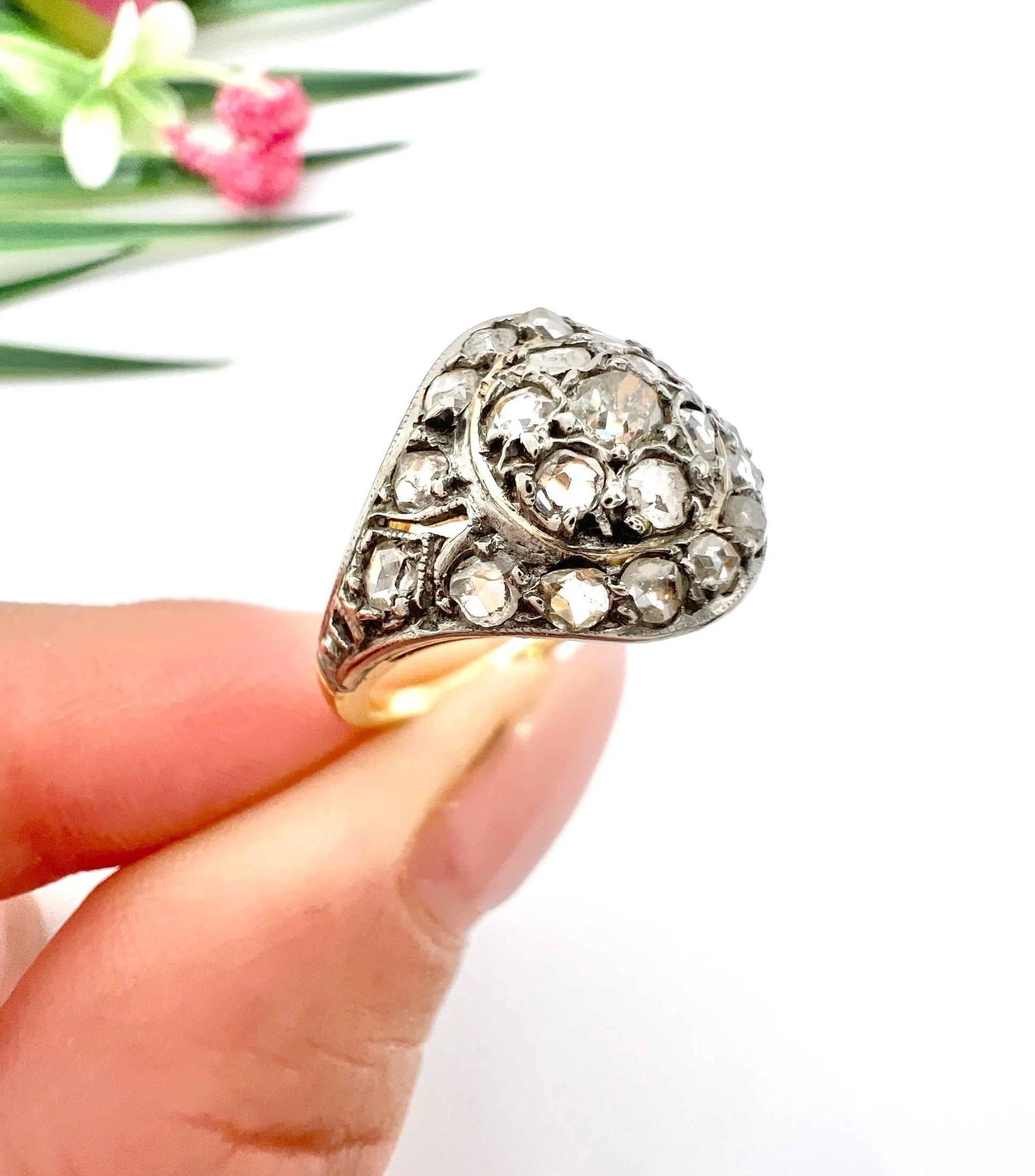 Victorian 18 Carat Gold and Silver Rose Cut Diamond Dome Shaped Ring, Circa 1870