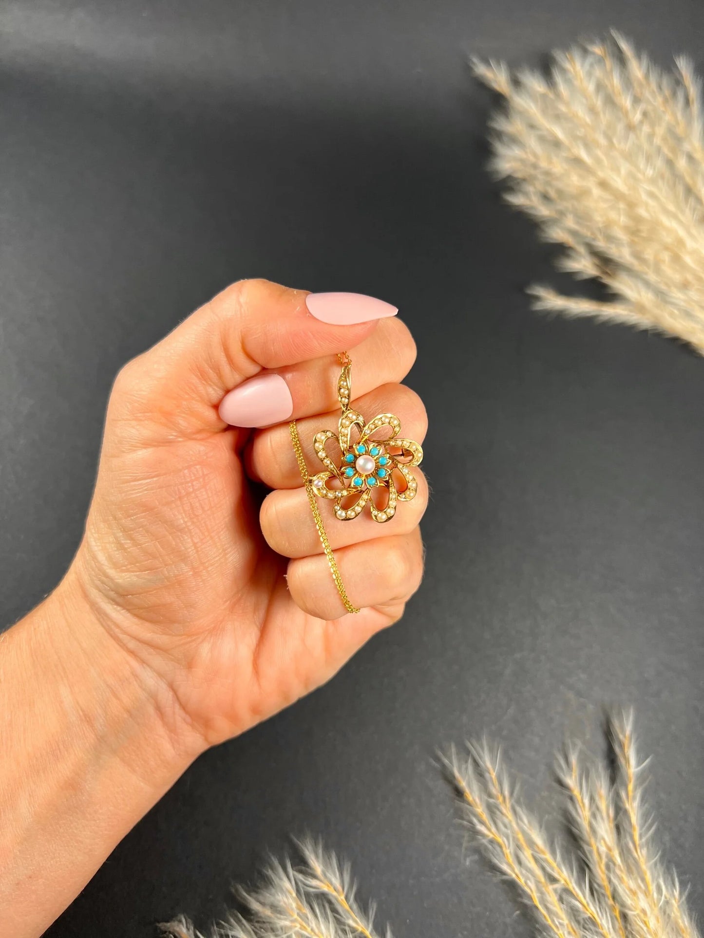 Antique 15ct Gold Edwardian Pearl & Turquoise Flower Pendant