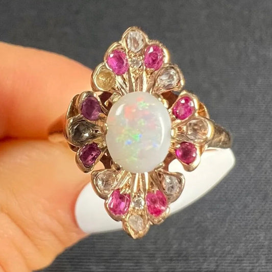 Victorian Antique Opal Ruby and Diamond Marquise Cluster Navette Ring in 18ct Rose Gold