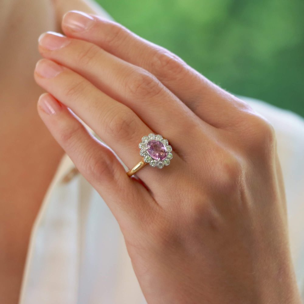 2ct Pink Sapphire and Diamond Oval Floral Cluster Ring