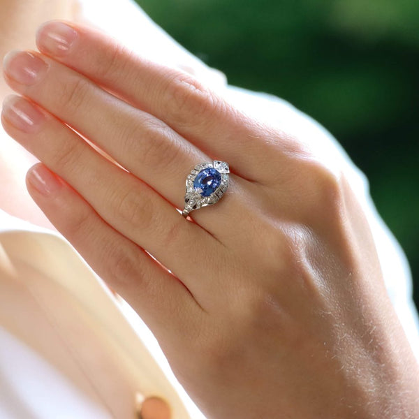 Art Deco Sapphire and Diamond Engagement Dress Ring on finger